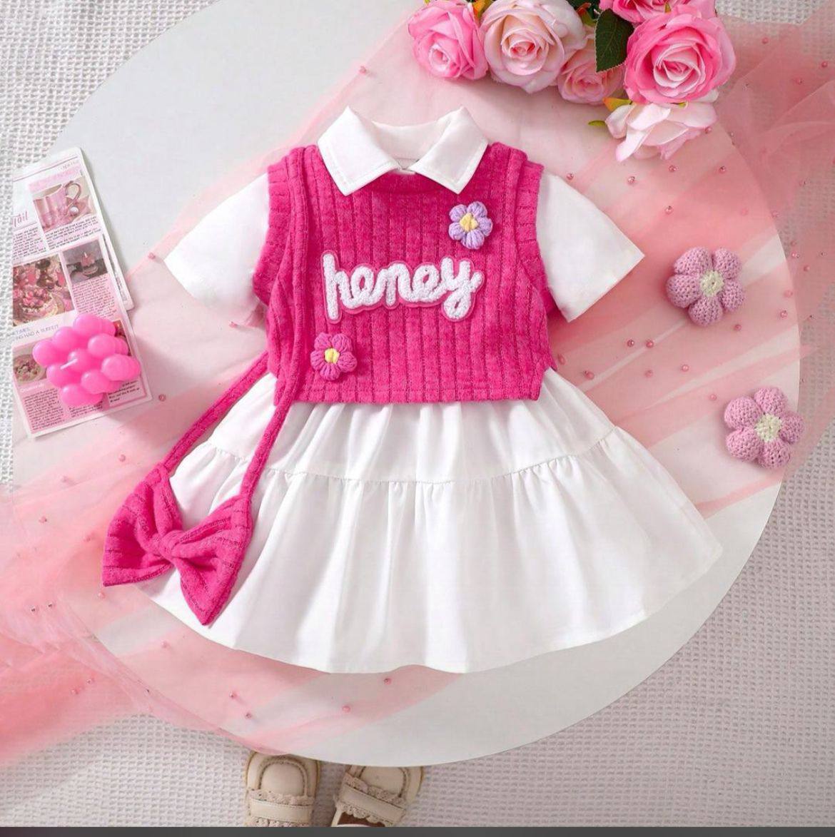 white dress with pink attached sweat shirt