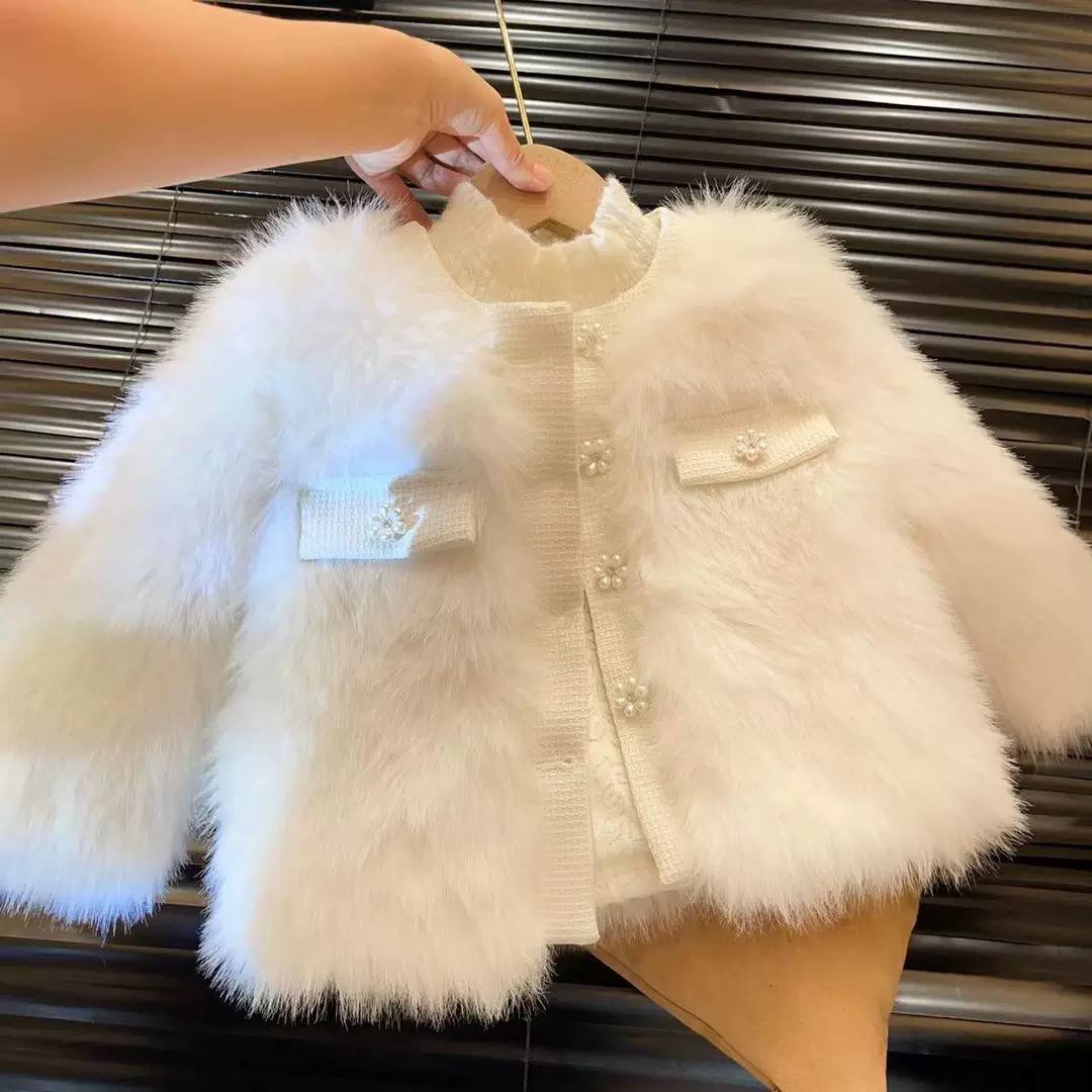 Girls’ White Fur Puffy Jacket | Ages 1–10 Years